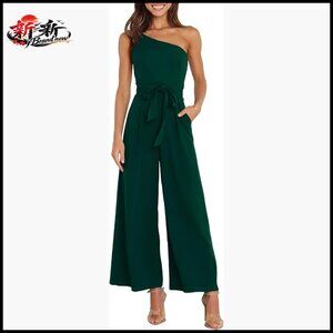 One Shoulder Sleeveless Jumpsuit with Hidden Pockets and Tie Waist